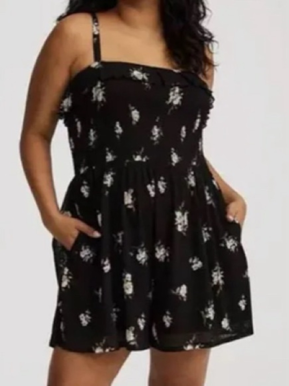 torrid Black Godet Floral Smocked Romper with White Blossoms